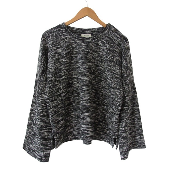 Madewell Button Shoulder Wide Sleeve Top Size Large Black Marled Crewneck - Picture 1 of 10